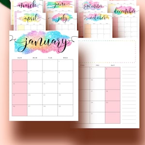 May include: A printable calendar featuring a watercolor design with a rainbow color scheme. The calendar is for the month of January and includes the days of the week: Sunday, Monday, Tuesday, Wednesday, Thursday, Friday, and Saturday.
