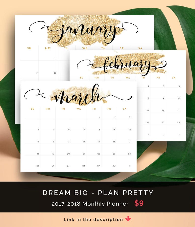 Puede incluir: Un calendario de enero, febrero y marzo con purpurina dorada. El calendario forma parte de una agenda mensual 2017-2018. Tambi&eacute;n se puede ver el texto "DREAM BIG - PLAN PRETTY" y "9 &euro;".