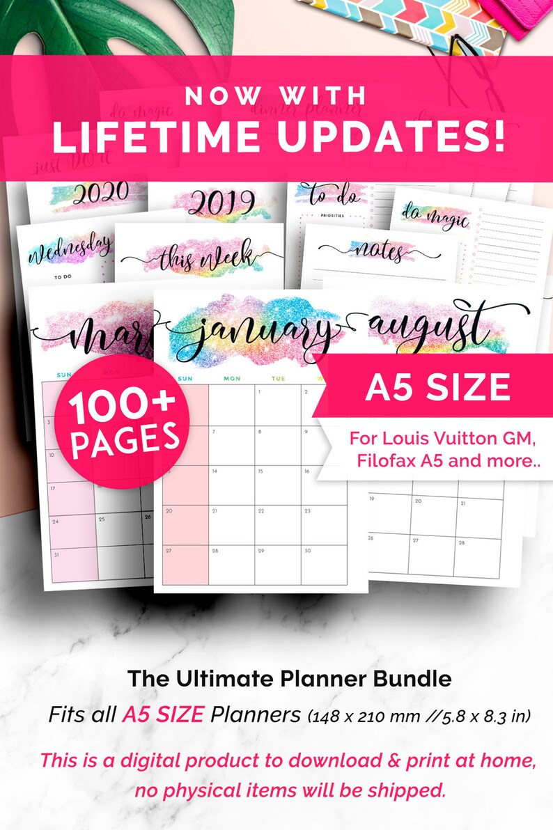 May include: A digital planner bundle with 100+ pages in A5 size, featuring rainbow glitter designs and text that says "NOW WITH LIFETIME UPDATES!" and "The Ultimate Planner Bundle". The bundle includes monthly calendars, weekly planners, to-do lists, and notes pages. It is compatible with A5 planners like Louis Vuitton GM and Filofax A5.