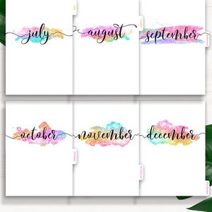 May include: Six printable monthly calendar pages with colorful watercolor backgrounds and glitter accents. Each page features a month of the year written in black cursive script. The months are July, August, September, October, November, and December.