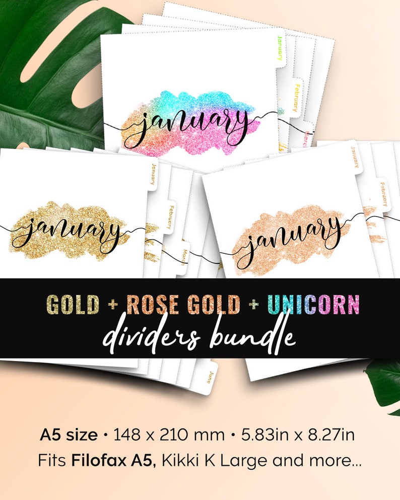 Planner Dividers A5 Month Tabs • A5 Monthly Dividers Filofax A5 Planner Insert Printable Dividers A5 Monthly Planner Tabs Glitter Inserts image 1