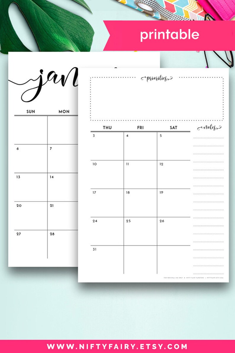 Arc Planner Inserts Monthly Calendar 2020 Half Size Printable Etsy