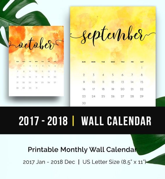 2018 watercolor calendar monthly printable 2017 2018 printable etsy