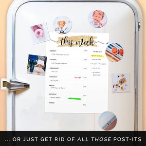 Puede incluir: Una puerta de refrigerador blanca con un planificador semanal y una lista de tareas escritas en ella. El planificador est&aacute; decorado con fotos coloridas y notas adhesivas. El texto en el planificador dice "esta semana".