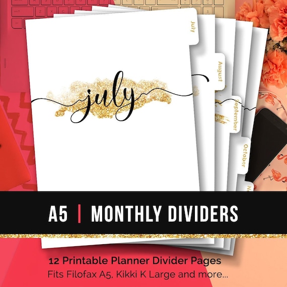 A5 Monthly Planner Dividers • Monthly Planner Insert Printable Tabbed Filofax Monthly Dividers A5 Printable Dividers A5 Monthly Tabs Kikki K