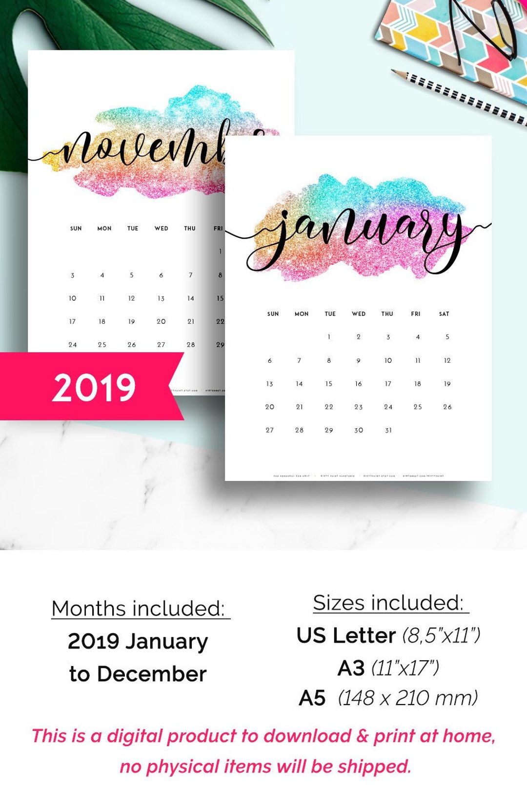 Wall Calendar 2019 Printable Calendar 2019 Monthly Calendar 2019 Calendar  Printable 2019 Large Wall Calendar A3 A5 Desk Calendar 2019 - Etsy, image size:1080x1620