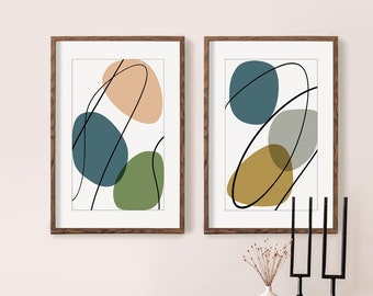 Modern Art Set of 2 Prints, Abstract Shapes, Line Drawing, Neutral Wall Art, Digital Download