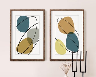 Modern Art Set of 2 Prints, Abstract Shapes, Line Drawing, Neutral Wall Art, Digital Download