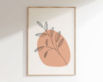 Boho Modern Art Print, Botanical Line Drawing, Neutral Abstract Wall Art, Terracotta Digital Download