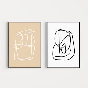 Art Set of 2 Contemporary Abstract Line Prints, Boho Style Gallery Wall, Neutral Tones and Black and White Wall Art, Digital Download