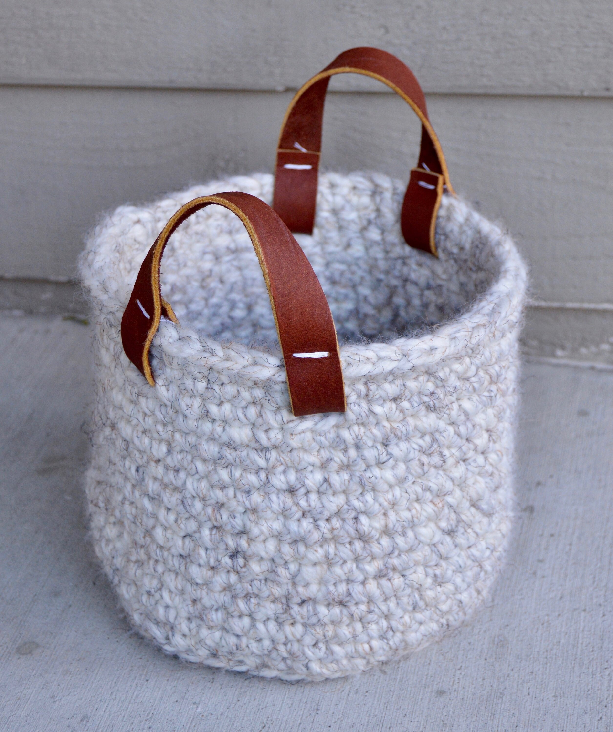 Mini Knit/Crochet Basket with Genuine Leather Handles // Wheat Etsy
