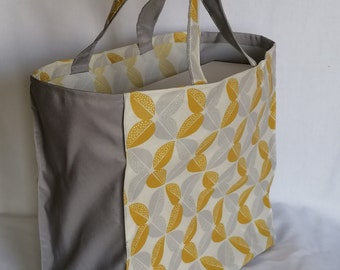 Grand sac cabas 100 % coton en toile cirée/toile imperméable - Géométrique gris/moutarde