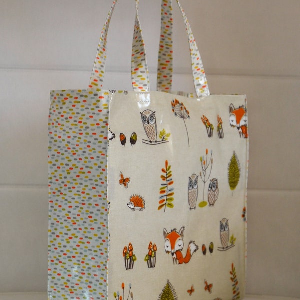 Handmade-Quality-100% cotton/pvc Oilcloth-Shopping-Tote-bag- Woodland Animals foxes, hedgehogs owls