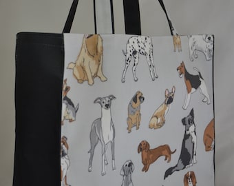 Extra-LARGE Tote - Handmade-Quality-100% cotton Oilcloth/waterproof canvas 40w x 32h x 14cms deep - Grey Dogs