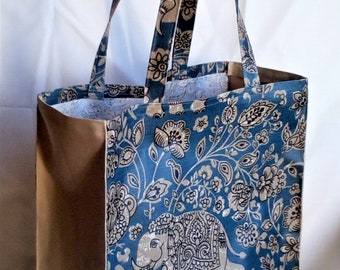 LARGE 100% coton Tote Bag en toile cirée/toile imperméable - Jacquard ÉLÉPHANT D’ASIE -shopping, cadeau de Noël, imperméable, plis plats