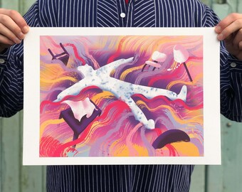 May include: Abstract art print featuring a white figure with outstretched arms lying on a swirling background of pink, purple, yellow, and orange. The figure is surrounded by chairs and other abstract shapes.
