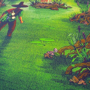 May include: A green and brown illustration of a person in a wide-brimmed hat walking through a swamp. The person is carrying a bag and has a long shadow. The swamp is filled with lily pads and roots.