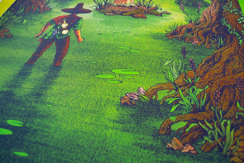May include: A green and brown illustration of a person in a wide-brimmed hat walking through a swamp. The person is carrying a bag and has a long shadow. The swamp is filled with lily pads and roots.