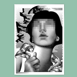 Könnte beinhalten: Schwarzweiß-Illustration einer Frau, deren Gesicht durch Pixel verdeckt ist. Sie hält eine Kette in ihren Händen. Der Hintergrund ist ein Muster aus Linien und Punkten.