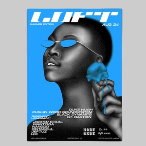 May include: A black and white illustration of a person wearing sunglasses and holding a blue ice cream cone. The text "LOFT" is at the top of the poster, with the words "Summer Edition" and "Aug 24" below it. The poster also lists the names of DJs and musicians performing at the event.