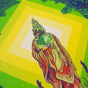 May include: A green and yellow psychedelic illustration of a figure wearing a robe and holding a green pyramid. The figure is surrounded by a series of concentric squares.