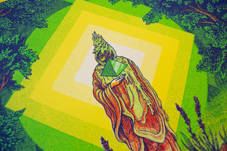 May include: A green and yellow psychedelic illustration of a figure wearing a robe and holding a green pyramid. The figure is surrounded by a series of concentric squares.