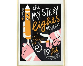 Screenprinted Gig poster for The Mystery Lights (artprint, silkscreen, firework)