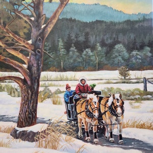 May include: A painting of a horse-drawn sleigh with two people riding in it. The sleigh is being pulled by two horses through a snowy forest. The trees are bare and the ground is covered in snow. The sky is a light blue color.