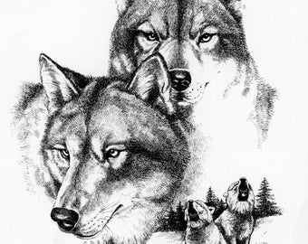11 x 14 Pen and Ink Wolf Partners Giclee Limited Edition Print