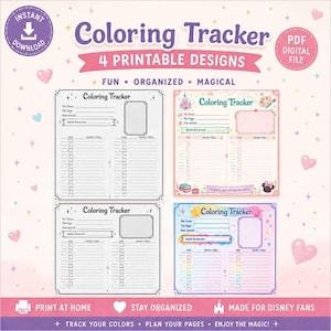 Op de afbeelding: Een digitale download met vier afdrukbare kleurtrackers. De tekst "Coloring Tracker" en "4 Printable Designs" zijn zichtbaar. De ontwerpen bevatten ruimte voor kleurtracking en notities, met een roze en paars kleurenschema en de tekst "Made for Disney Fans."