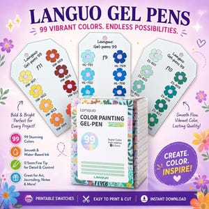 May include: A box of Lanquo gel pens with 99 vibrant colors, featuring color swatches and product details. The packaging highlights the pens' smooth flow, water-based ink, and 0.5mm fine tip, ideal for art and journaling.