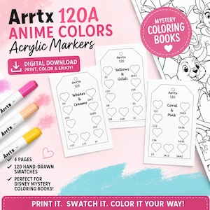 May include: Arrtx 120A Anime Colors acrylic markers with digital download. The image shows three markers with pink, peach, and yellow ink. Includes 120 hand-drawn swatches and is perfect for Disney mystery coloring books.