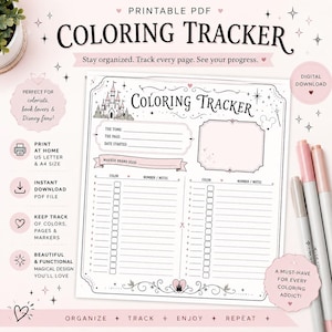 Puede incluir: Un rastreador de colorear en PDF imprimible con un diseño rosa y blanco. El rastreador incluye secciones para rastrear colores, páginas y marcadores. El texto de la imagen dice "Coloring Tracker", "Mantente organizado. Sigue cada página. Ve tu progreso."