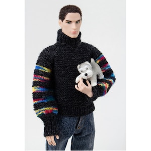1/6 scale Knitted Sweater Black yarn + Rainbow Colors, Fits Ken, IT Homme, TBLeague, JHD, Adonis, FR, Phicen male figures, 12&quot; male dolls