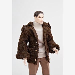 Hand Knit 1/6 Scale Doll Coat: Textured Brown Yarn, Fits 12&quot; Dolls