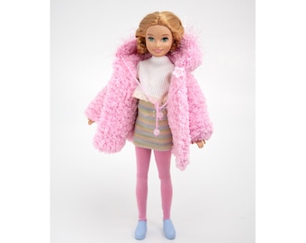 Fur Coat for Barbie Sister Stacie / Jacket / Cardigan With Hood, Hand Knitted, Pink, Double-sided