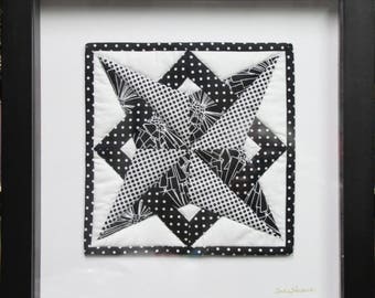 Nell's Star Quilting Block, handmade, mounted under glass