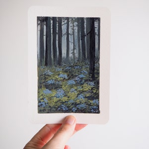 Pittura originale "Vista foresta", guazzo su carta ad acquerello, piccolo paesaggio, paesaggio orginiale, piccola pittura 10.5x14.8cm, cartolina