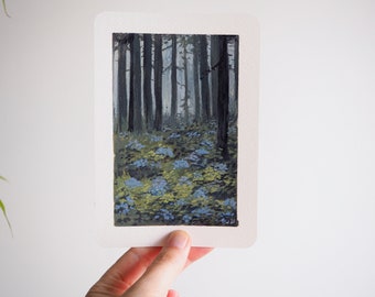 Original 'Forest view' painting, gouache on watercolor paper, small landscape, orginial landscape, small painting 10.5x14.8cm, postcard