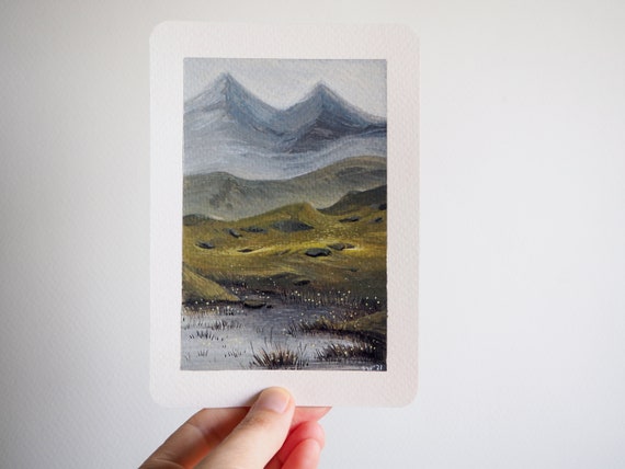 Original 'Nordic mountains' painting, gouache on watercolor paper, small landscape, orginial landscape, small painting 10.5x14.8cm, postcard