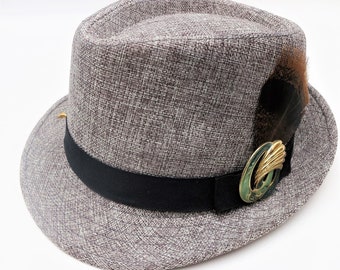 Fedora Hat Brown Tweed Hat Green Vintage Enamel Brooch Turkey Feather OOAK Hat
