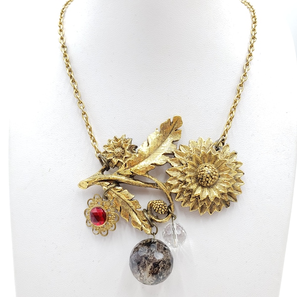 Sun Flower Gold Necklace Clear Black Crystal Red Rhinestone Brass Upcycled Handmade OOAK Necklace