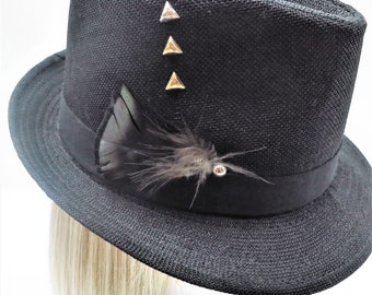Fedora Hat Black Tweed Hat Gold Silver Studs Unisex Turkey Feather OOAK Hat
