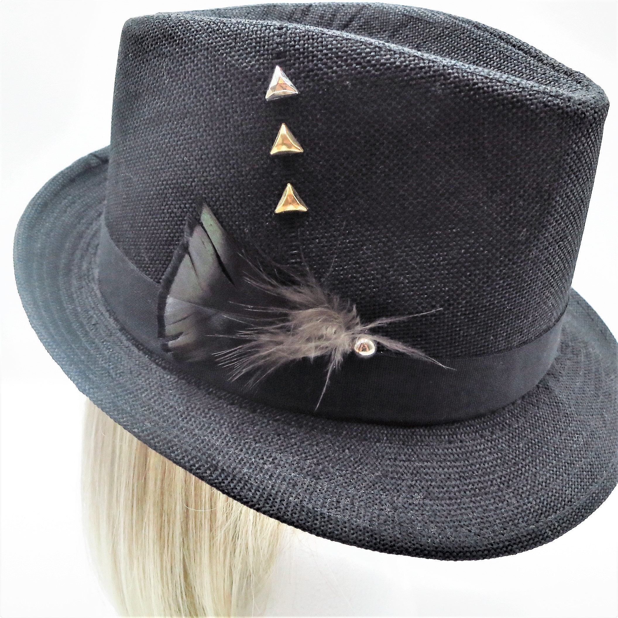 Fedora Hat Black Tweed Hat Gold Silver Studs Unisex Turkey Feather OOAK Hat