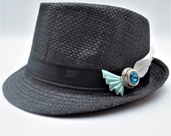 Fedora Black Straw Hat Black Band Vintage Upcycled Blue Earring Brooch Goose Feather OOAK Hat