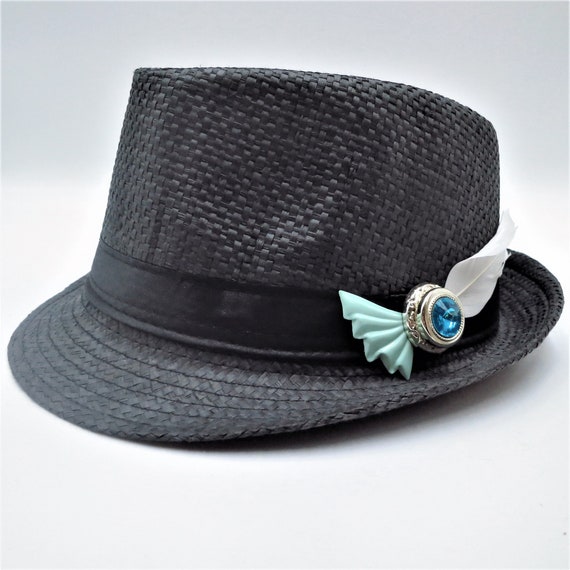 Fedora Black Straw Hat Black Band Vintage Upcycled Blue 