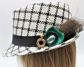 Fedora Hat White Black Checker Straw Hat Vintage Upcycled Teal Blue Gold Earring Brooch Turkey Feather OOAK Hat