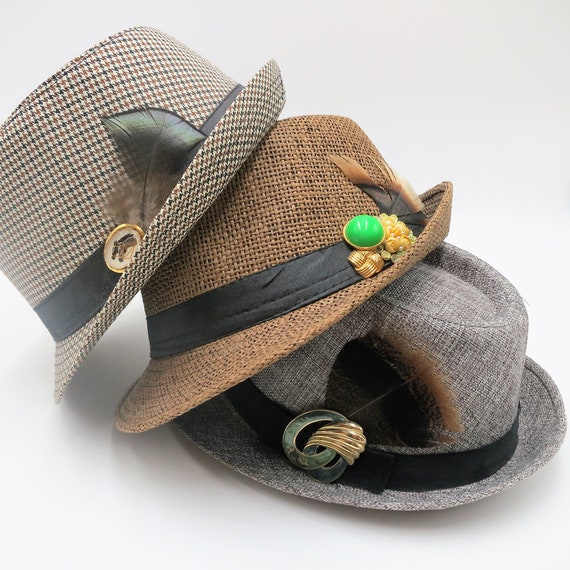 Fedora Black Straw Hat Black Band Vintage Upcycled Blue  display picture 2