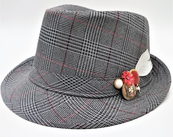 Fedora Hat Gray Houndstooth Vintage Pin Earrings Buttons Goose Feather Upcycled OOAK