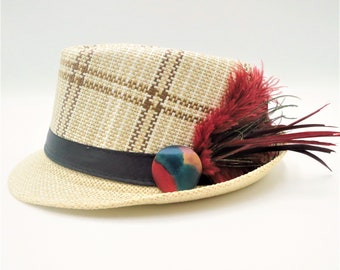 Fedora Brown Straw Hat Black Band Vintage Upcycled Wooden Brooch Red Green Peacock Turkey Feather OOAK Hat